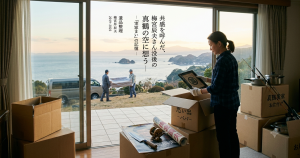 段ボール箱が置かれた部屋で荷物の整理をする様子