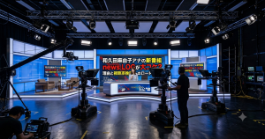 テレビ局の報道番組スタジオと最新の放送用カメラのイメージ