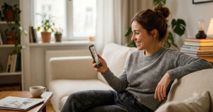スマホの動画配信アプリでテレビ番組を視聴している若い女性のイメージ