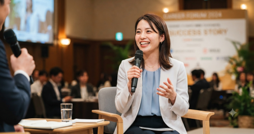 笑顔でインタビューに答える爽やかな女性のイメージ