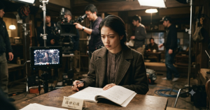 撮影現場で集中する蒔田彩珠