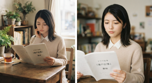 集中して台本を読み込む女性
