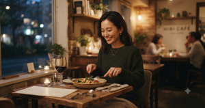 一人で食事を楽しむ女性