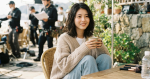 撮影の合間の浜辺美波さん