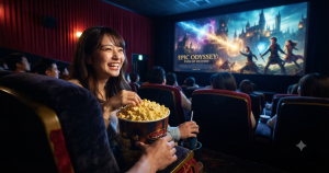 映画館のスクリーンやポップコーン、映画を楽しむイメージ