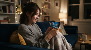 スマホでドラマを見る女性