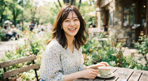 庭先のテーブルで優雅な時間を過ごす女性