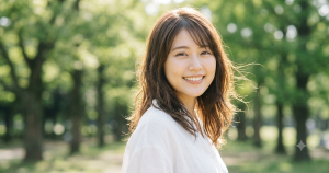 笑顔でこちらを見つめる透明感のある女性