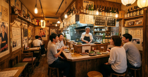 お洒落な木目調の日本酒バルのカウンター