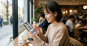 芸能ニュースをスマートフォンでチェックする様子