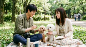 お家で愛犬と楽しそうに戯れる若い男女(カップル)のイメージ画像
