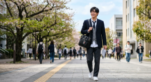 学生カバンを肩にかけ、初々しい表情で歩く男子学生のイメージ