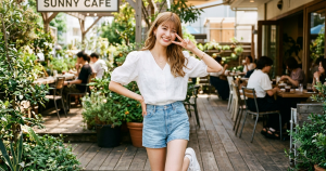 笑顔でポーズをとる生見愛瑠さん風の爽やかな女性のイメージ