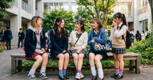 制服を着て、楽しそうに談笑している明るい女子高校生のイメージ写真