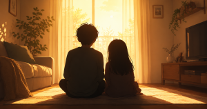 仲の良い兄妹のシルエットイラスト