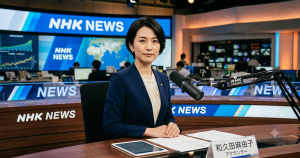 報道番組のスタジオでマイクを前に凛とした表情で座る和久田麻由子アナウンサー